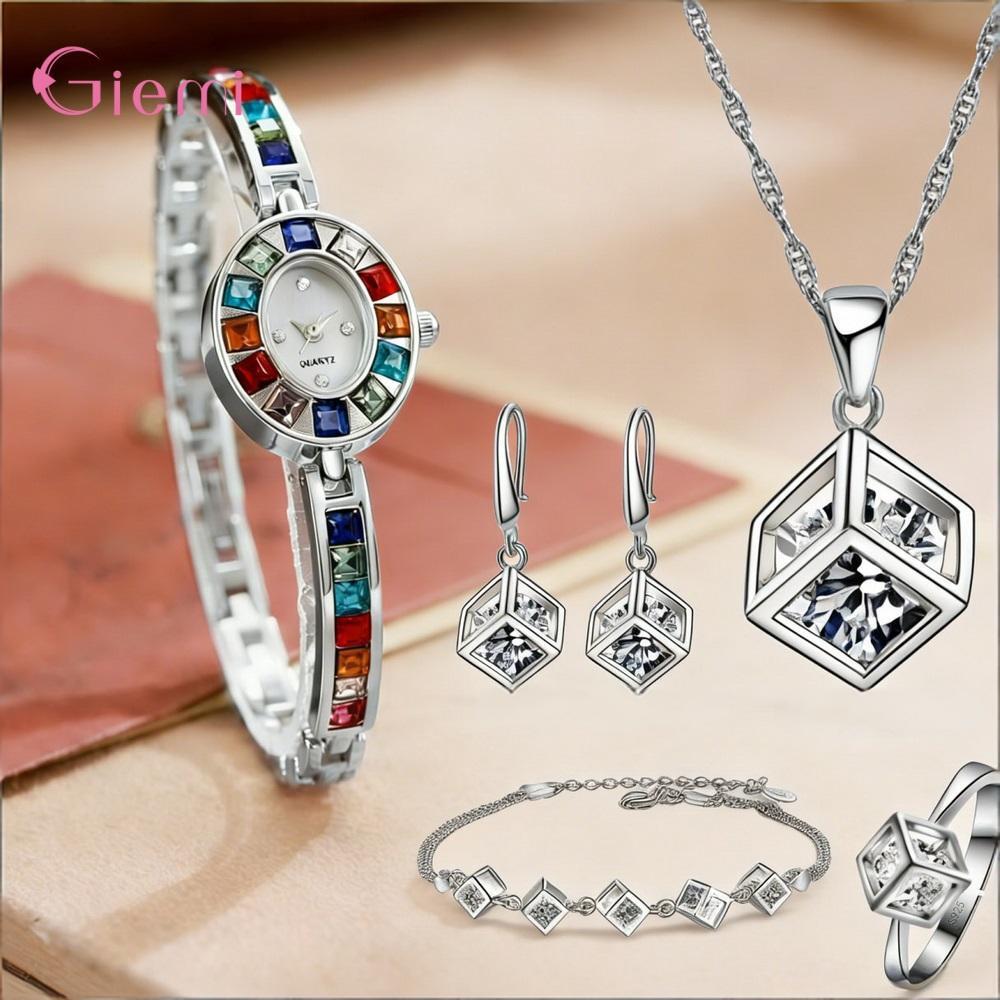 Best Jewelry Watches Women - Hübsches 925er Sterlingsilber-Set mit geometrischem Kristall-Zirkon-Halsketten-
