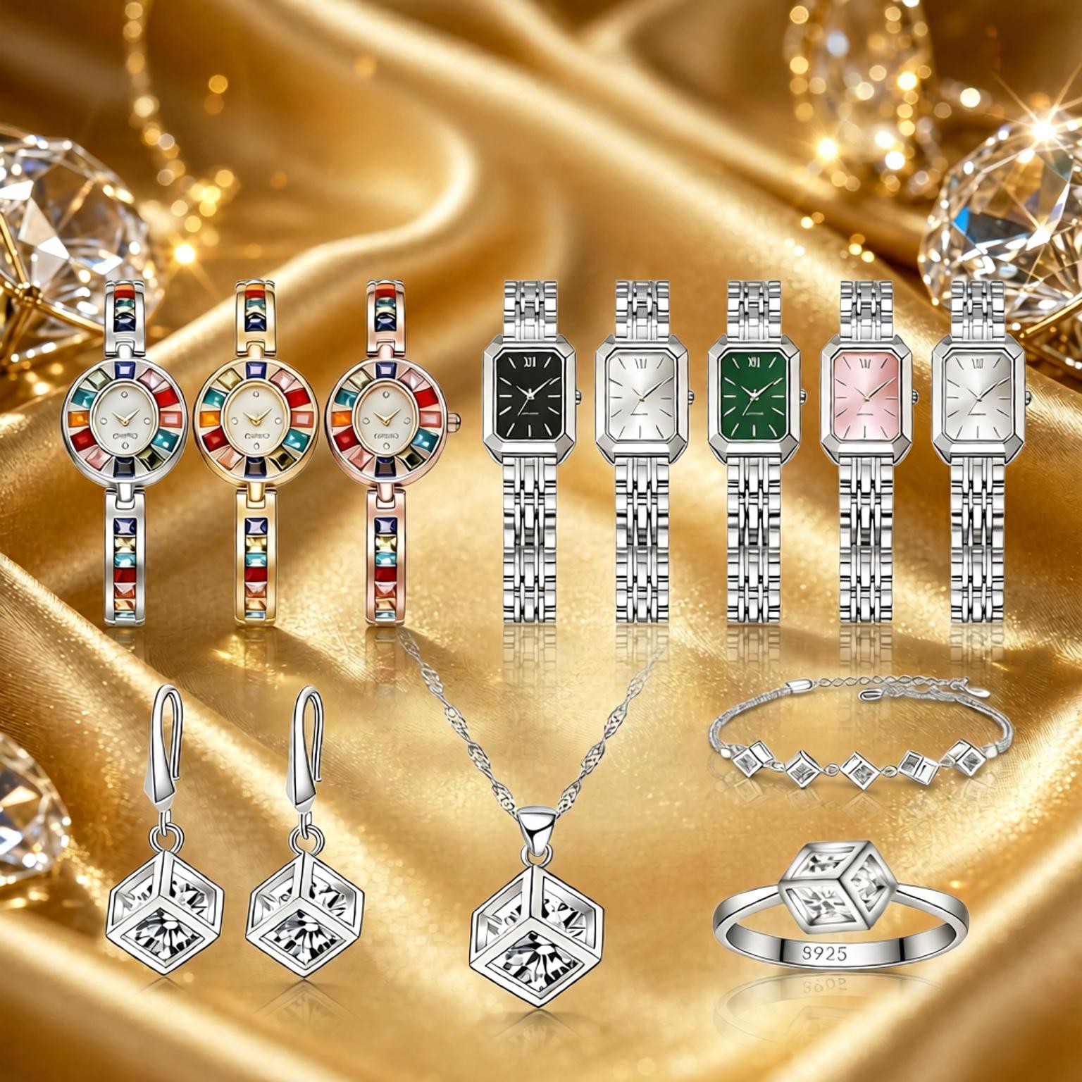 Best Jewelry Watches Women - Exquisites 925 Sterling Silber Geometrie-Kristall-Zirkon Halskette-Ohrringe-Uhr-Set