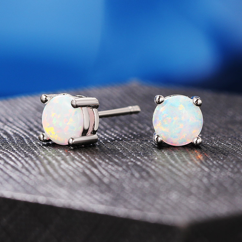 Opal Earrings Dangle - Einfache Damen-Ohrstecker mit Opalstein, 4 Krallen,