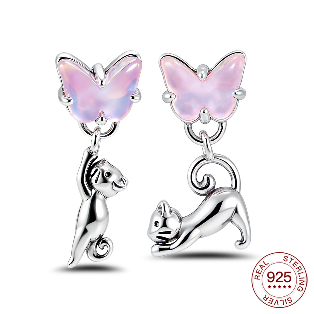 Opal Earrings Dangle - Asymmetrische Ohrringe aus 925er-Sterlingsilber mit Katze